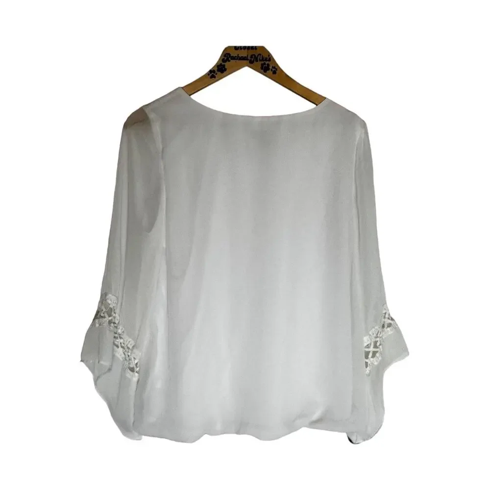 Women's AB Studio White Boho Chic Bubble hem Bell Sleeve Top L - Picture 7 of 13